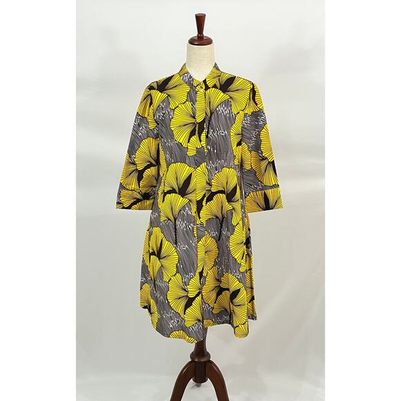 ZURI Kenya S Small Walking on Sunshine Yellow Brown Print 3/4 Slv Shirt Dress - Picture 8 of 9